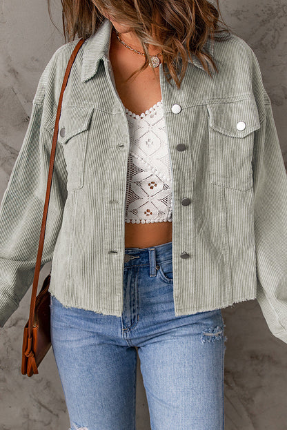 Solid Corduroy Raw Hem Cropped Jacket