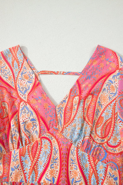 Boho Paisley V-Neck Short Sleeve Ruffle Maxi Dress