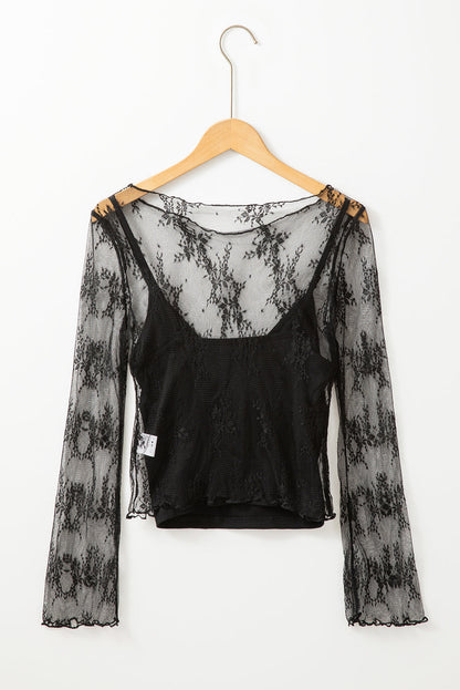 Lace Mesh Crochet Long Sleeve Blouse