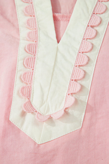 Scallop Trim Colorblock Puff Sleeve Mini Dress