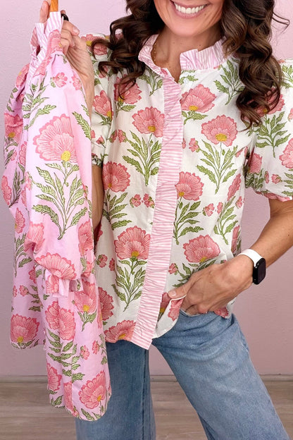 Floral Ruffle Stripe Trim Puff Sleeve Shirt