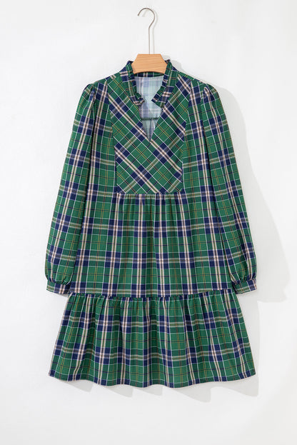 Plaid Frilled Collar Long Sleeve Mini Dress