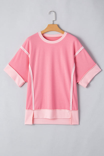 Colorblock 3/4 Sleeve Raw Seam High-Low Top