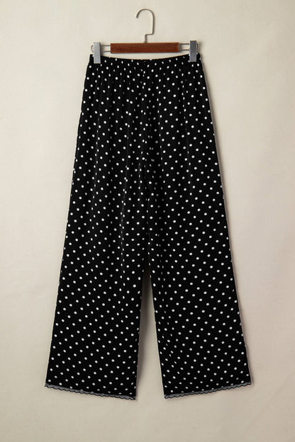 Polka Dot Elastic Waist Lace Hem Pants