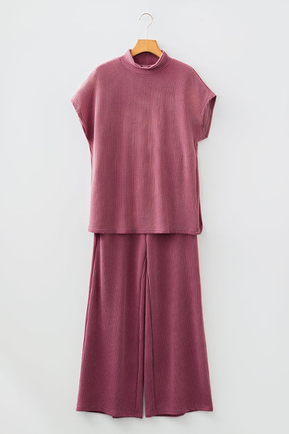 Corded Knit Mock Neck Tee and Pant Set