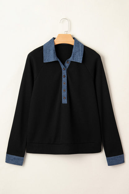 Denim Patchwork Textured Knit Polo Collar Top