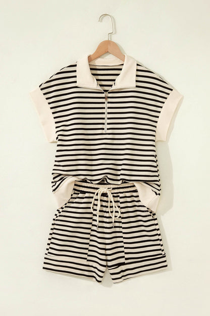 Stripe Colorblock Zip Polo & Drawstring Shorts Set