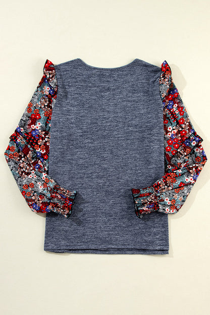 Floral Patchwork Ruffle Tiered Sleeve Crewneck Blouse