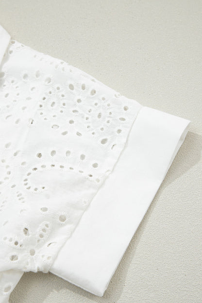 Solid Embroidered Eyelet Collared V-Neck Mini Dress