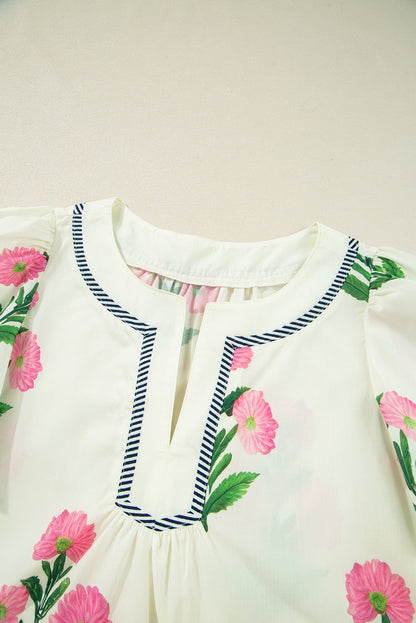 Floral Short Sleeve Split Neck Mini Dress