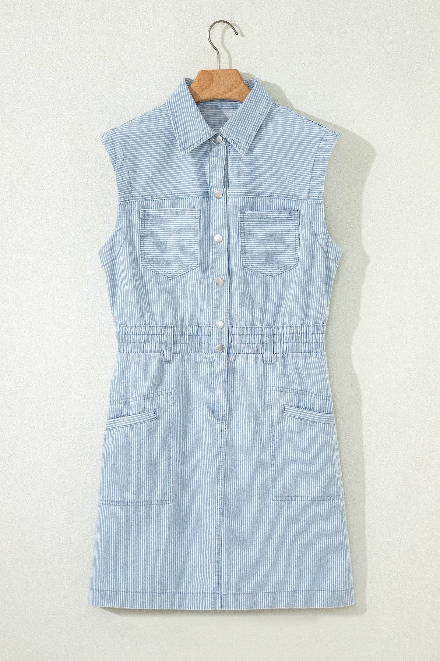 Stripe Denim Collared Button-Front Sleeveless Dress