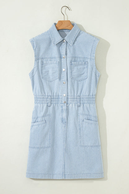 Stripe Denim Collared Button-Front Sleeveless Dress