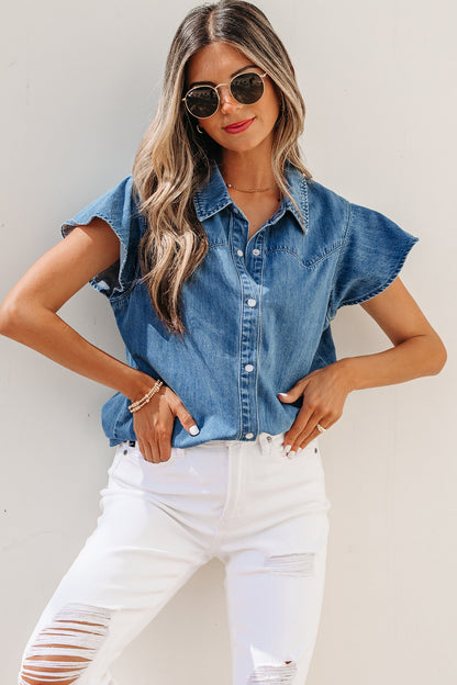 Solid Denim Ruffle Short Sleeve Buttoned Shirt