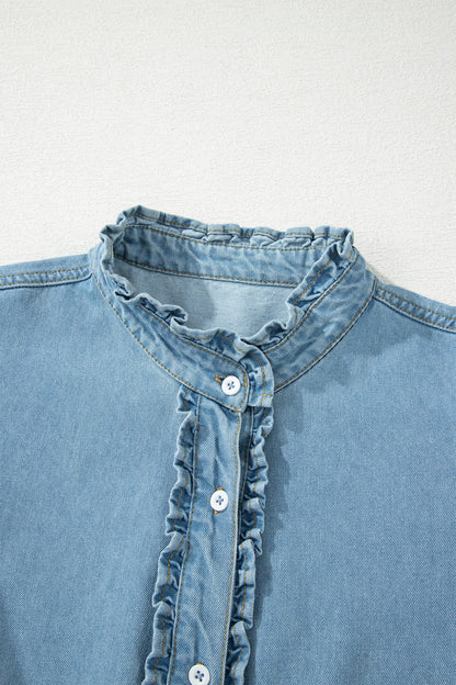 Solid Denim Frilled Ruffle Sleeve Buttoned Mini Dress