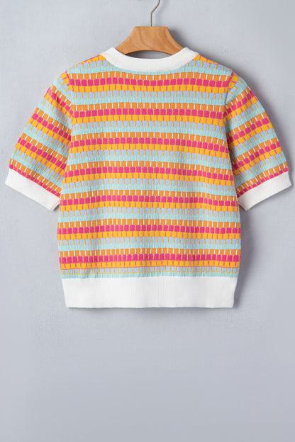 Abstract Stripe Short Sleeve Sweater Knit Top