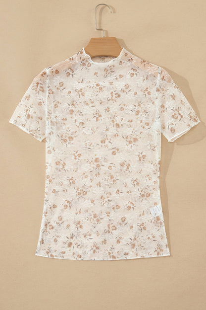 Floral Mesh Mock Neck Short Sleeve Top