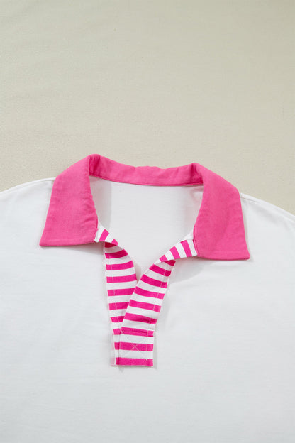 Stripe Coloblock Patchwork Polo Collar 3/4 Sleeve Tee