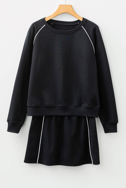 Patchwork Contrast Piping Pullover and Mini Skirt Set