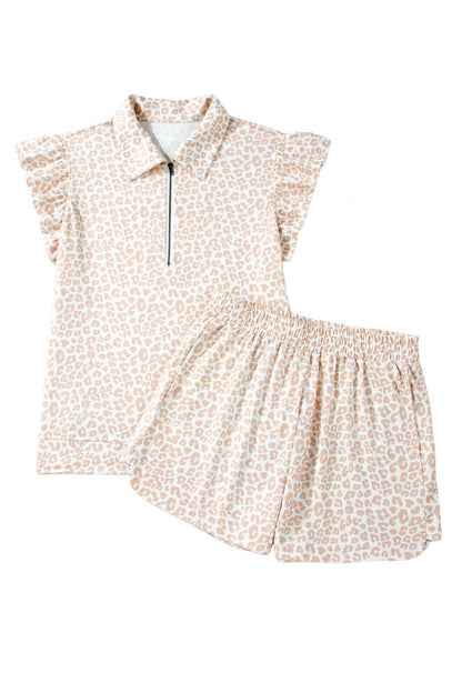 Leopard Zip Polo Top & Elastic Shorts Set