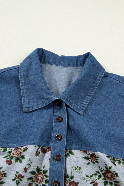 Floral Retro Denim Patchwork Buttoned Collar Top
