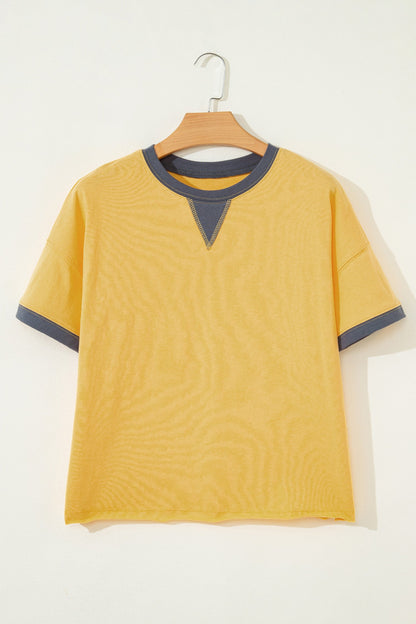 Ellison Contrast Trim Raw Hemline Short Sleeve Loose Top