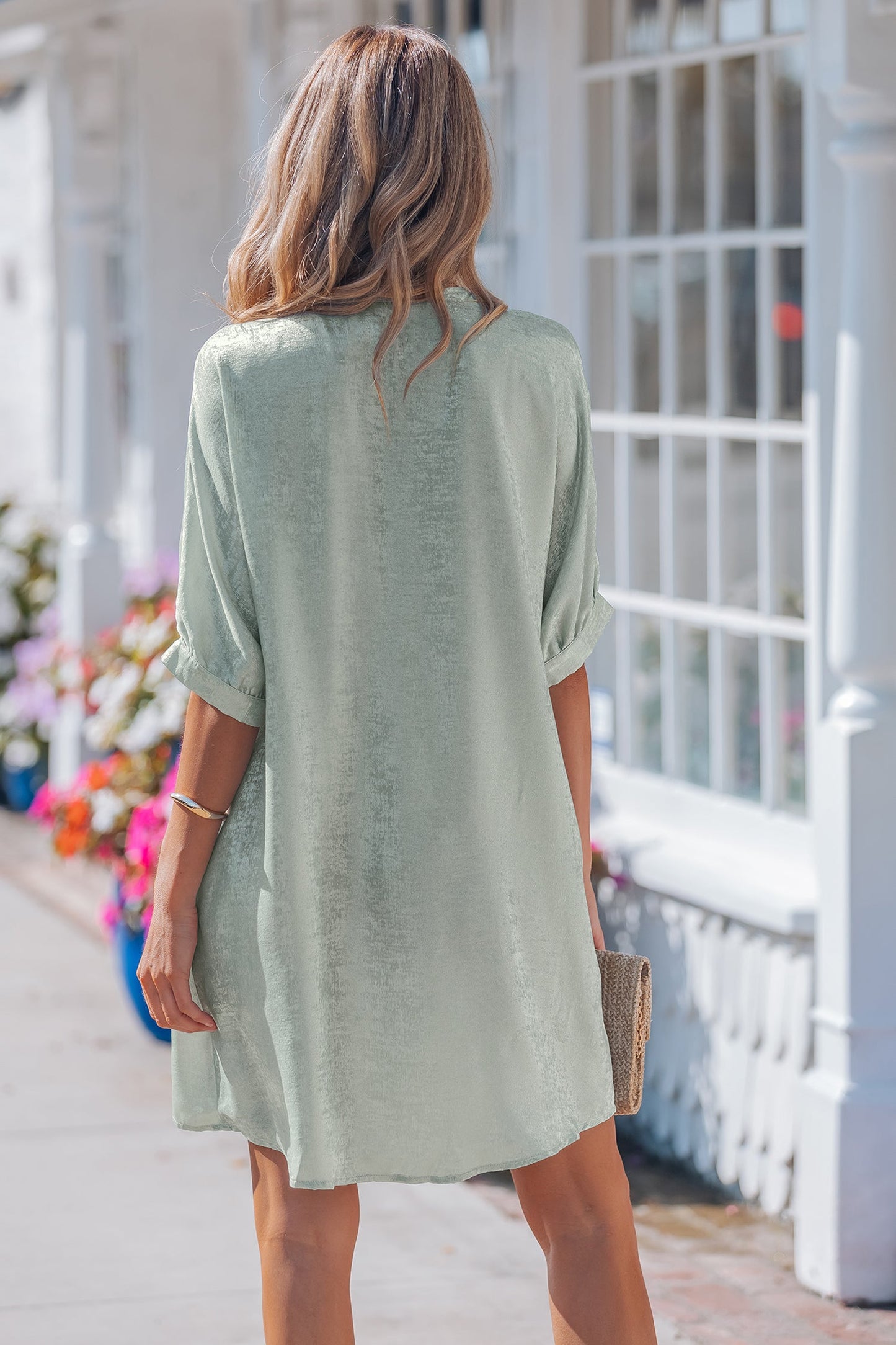 Metallic V-Neck Short Sleeve Mini Dress