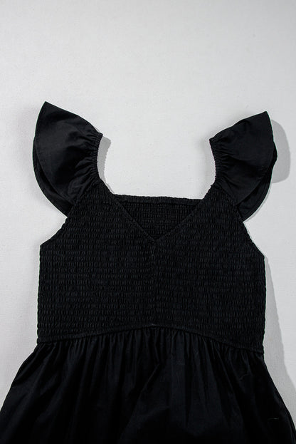 Solid V-Neck Flutter Sleeve Ruffle Maxi Dress