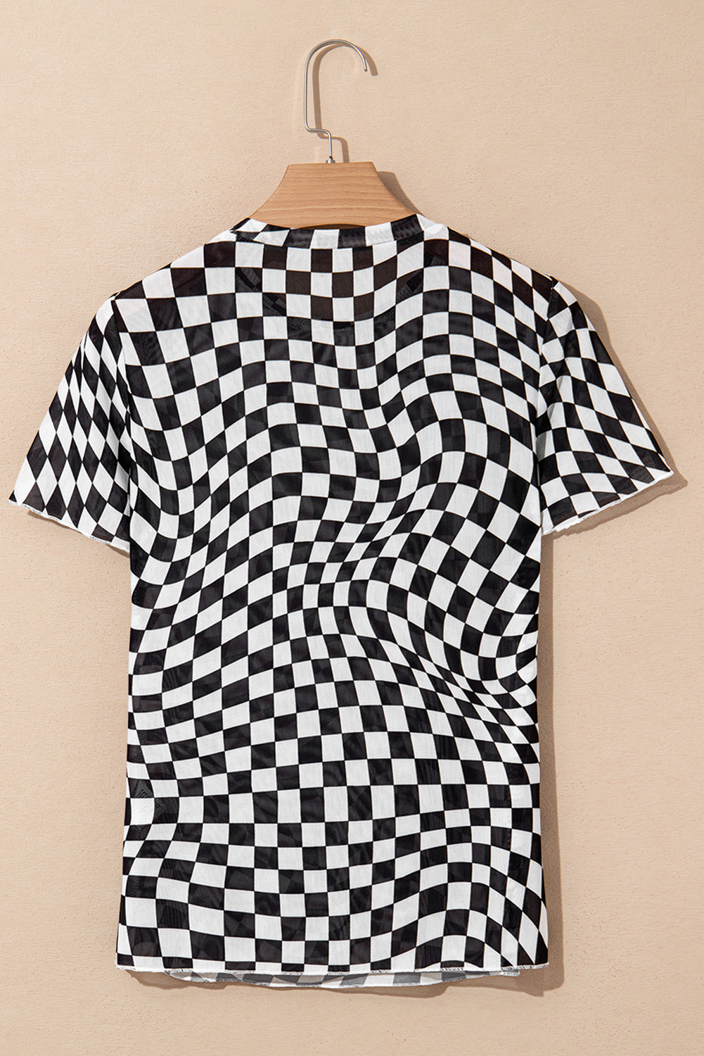 Short Sleeve Checkered Mesh Crew Neck T Shirt - Black