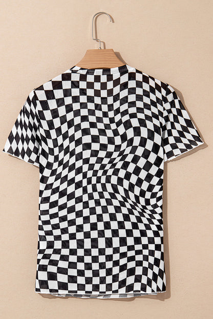 Short Sleeve Checkered Mesh Crew Neck T Shirt - Black
