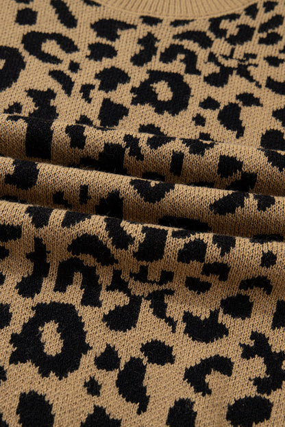 Leopard Ribbed Trim Crewneck Drop Shoulder Sweater