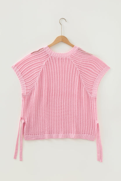 Plus Size Crochet Bow Tie Short Sleeve Sweater