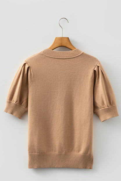 Solid Knit Short Puff Sleeve Sweater