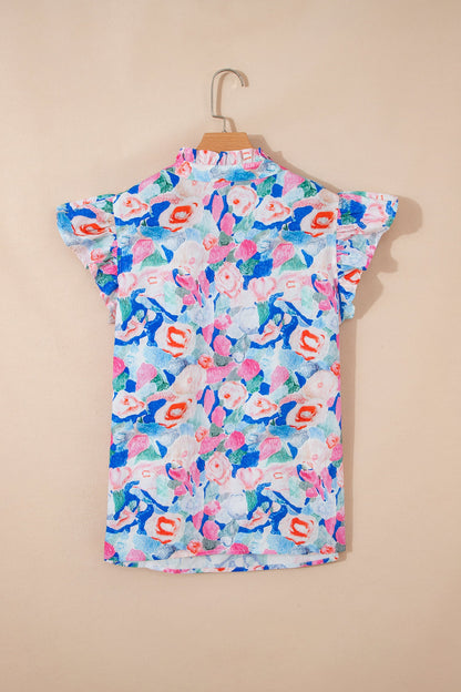 Floral Tie V-Neck Ruffle Short Sleeve Blouse