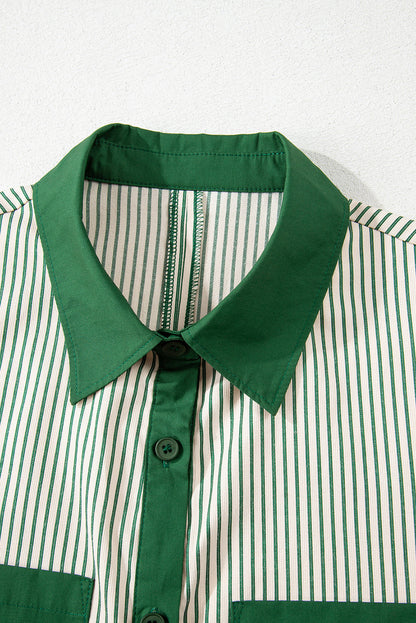 Stripe Patchwork Chest Pocket Mini Shirt Dress