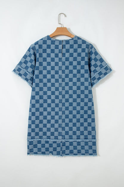 Checker Denim Frayed Hem Mini Dress