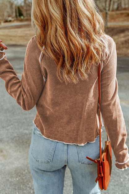 Solid Waffle Knit Round Neck Long Sleeve Top