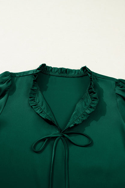 Solid Frilled Bow Tie V-Neck 3/4 Sleeve Blouse