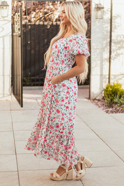 Floral Puff Sleeve Square Neck Tiered Dress
