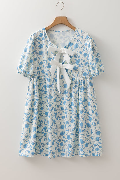 Floral Contrast Bow Puff Sleeve Mini Dress
