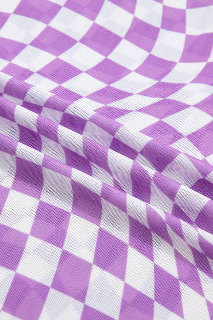 Checker Mesh Mock Neck Short Sleeve T-Shirt