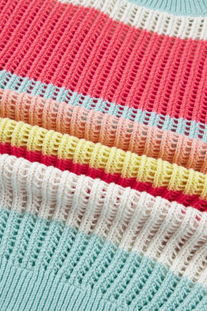 Stripe Colorblock Hollow-Out Short Sleeve Sweater