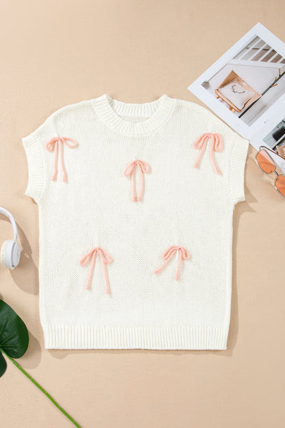 Contrast Bow Tie Short Sleeve Knit Sweater