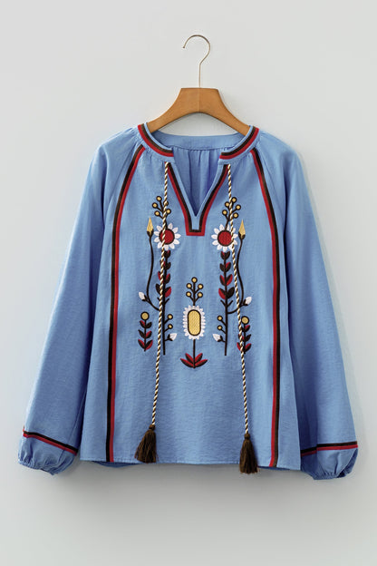 Floral Embroidered Tassel-Tie Puff Sleeve Blouse