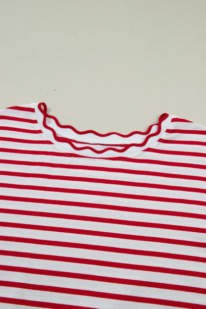 Plus Size Stripe Scalloped Trim Round Neck Top