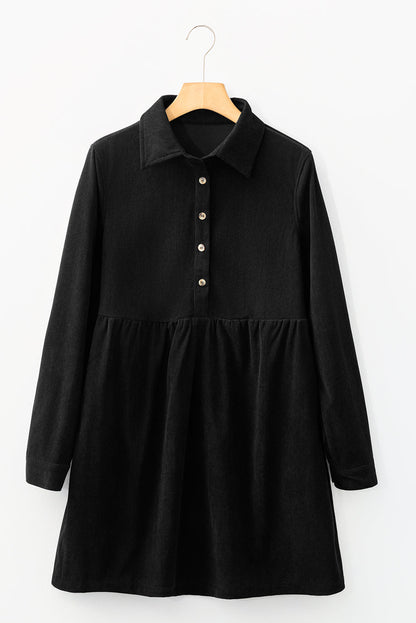 Solid Corduroy Half-Button Collared Mini Dress