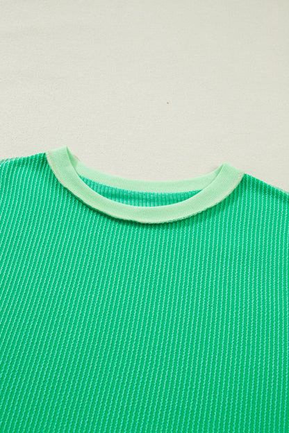 Colorblock Corded Knit Uneven Hem T-Shirt