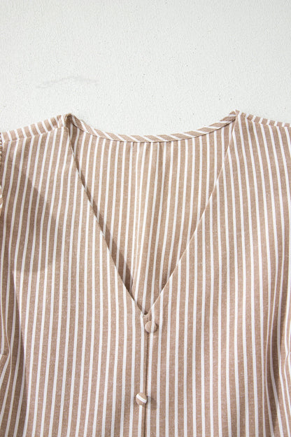 Stripe Flutter Sleeve Buttoned V-Neck Maxi Dress