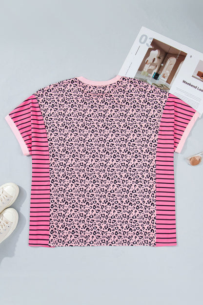 Plus Size Leopard Stripe Contrast Patchwork Tee