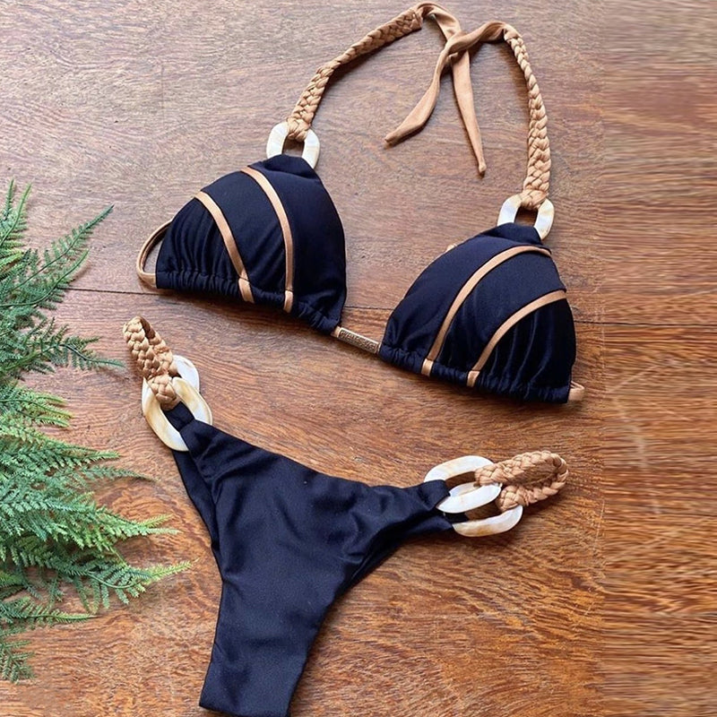 Halter Swimsuit Women High Cut Bathing Suit Triangle Bikini Set Bathers Patchwork Swimwear Women Micro Biquini