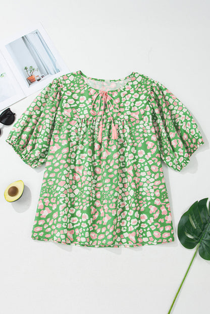 Plus Size Abstract Leopard Tassel Tie Blouse